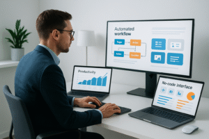 Entrepreneur utilisant l'automatisation IA pour optimiser sa productivité