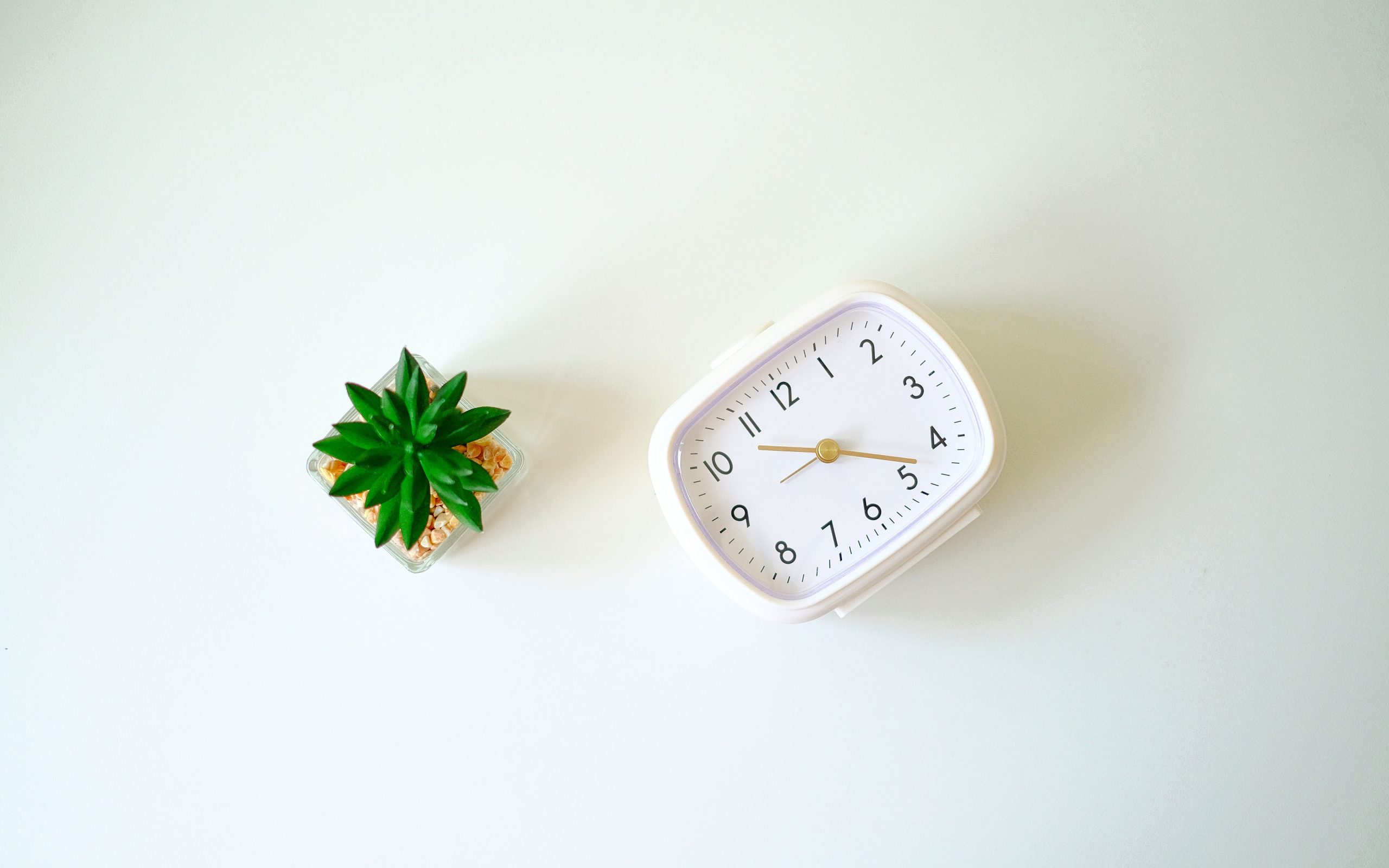 Bureau minimaliste avec horloge blanche et cactus
